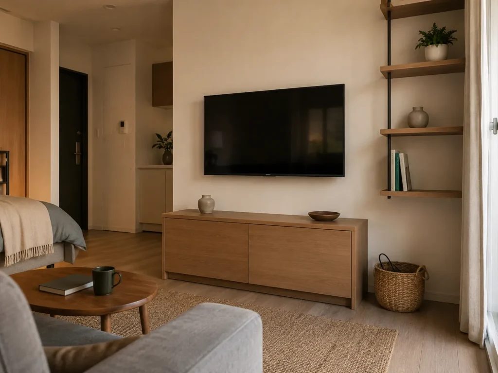 Modern living room setup with a wall-mounted flat-screen TV above a low wooden console table, flanked by floating wall shelves and a grey sofa.