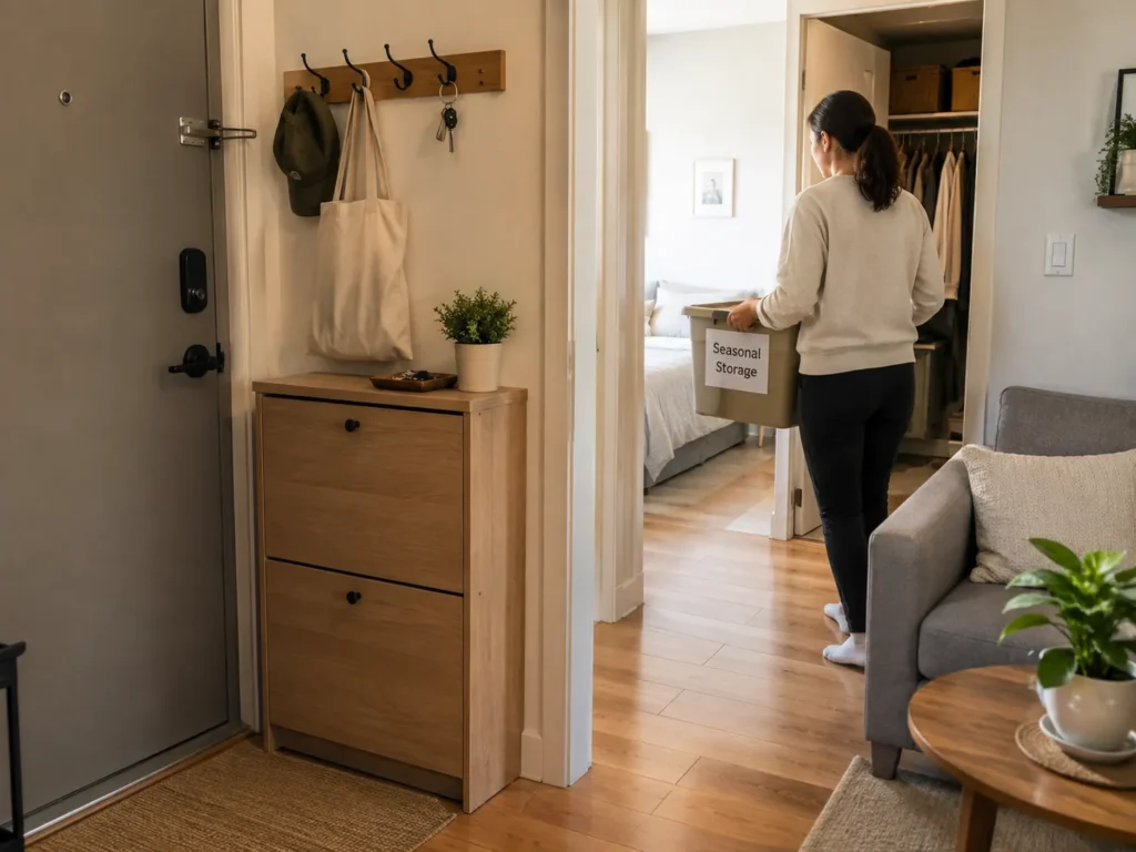 Person carrying a storage bin labeled Seasonal Storage down an apartment hallway near a wooden shoe cabinet and coat rack.
