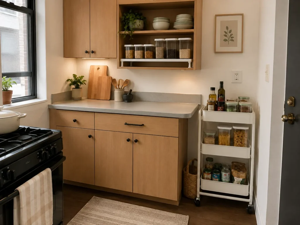 Small kitchen storage setup showing light wood cabinets, open shelving filled with clear dry-food containers, and a three-tier white rolling cart.