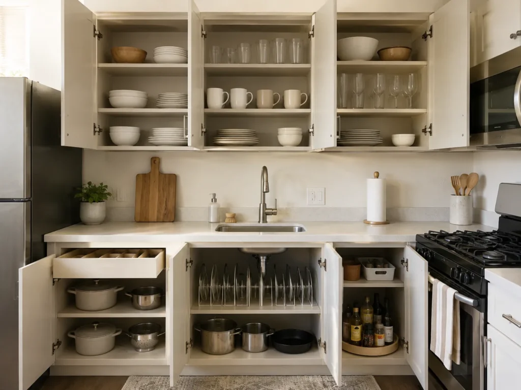 Bright kitchen with wide-open white upper and lower cabinets showcasing organized dishware, pots and pans, a pot lid rack, and a rotating tray for condiments.
