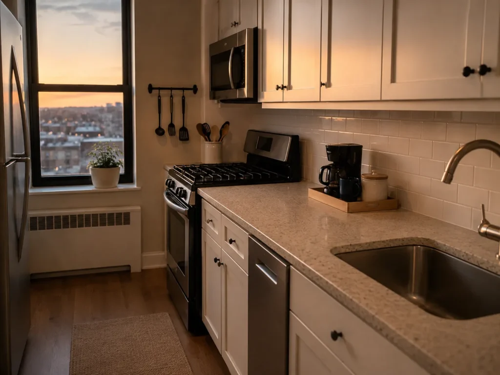 Galley kitchen in an apartment during sunset with cream cabinets, beige granite countertops, and a coffee tray next to a black stove.