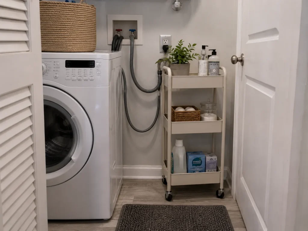 Laundry closet featuring a front-load washing machine and a three-tier white rolling cart stocked with detergent and supplies.