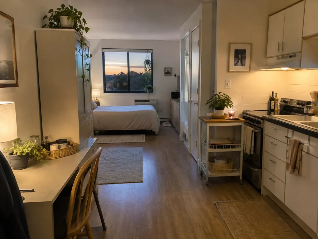 Wide view of a studio apartment layout showing a small kitchen prep area with a rolling cart in the foreground leading past a desk to a bed by a far window at sunset.