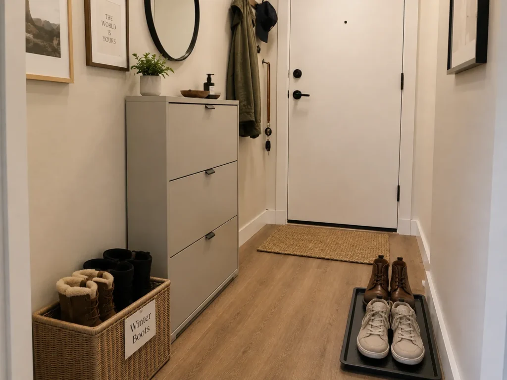 Organized entry hallway with a grey shoe cabinet, a wicker basket labeled Winter Boots, a rubber boot tray holding shoes, and a white front door.